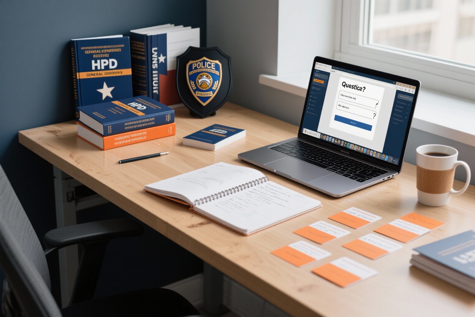 Professional study workspace with law enforcement materials